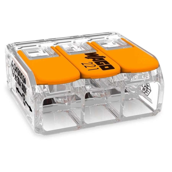 BORNE POUR 3 CONDUCTEURS AVEC LEVIERS DE MANIPULATION, TRANSPARENT